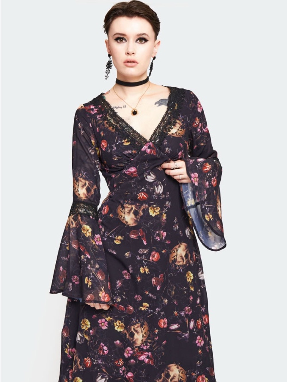 Jawbreaker Floral and Skull V-Neck Bell Sleeve Dress - Black Floral